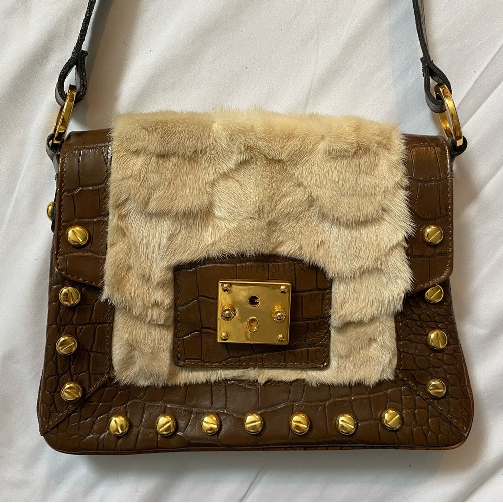 Vintage 80s Italy Brown Leather Mink Fur Shoulder Bag Purse by Facondini, Luxury